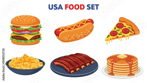 USA food set featuring Hot Dog, Pizza, Burger, Pancakes, Mac & Cheese & Pie. Perfect for menus, apps, websites & culinary designs