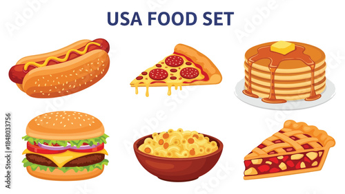USA food set featuring Hot Dog, Pizza, Burger, Pancakes, Mac & Cheese & Pie. Perfect for menus, apps, websites & culinary designs