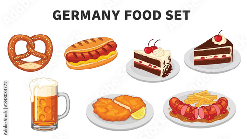 Germany food set featuring Pretzel, Bratwurst, Black Forest Cake, Beer, Schnitzel & Spätzle. Perfect for menus, apps, websites & culinary designs