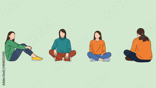 Illustration of four casually dressed individuals seated on ground in relaxed postures against light green background symbolizing informal gathering