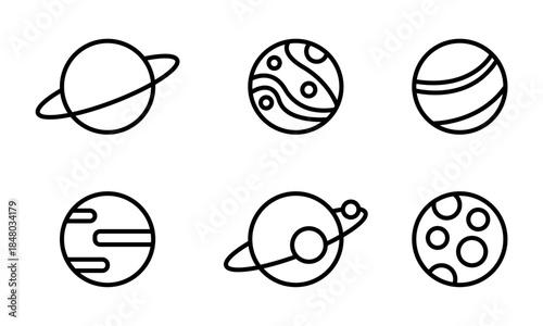 Minimalist Planet Line Icons – Solar System and Celestial Body Vector Set