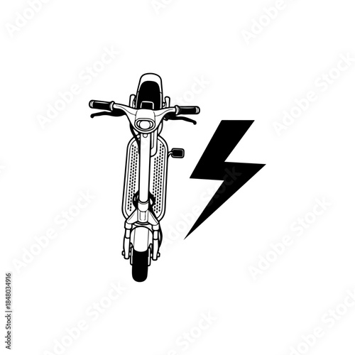 Front view of a scooter with handlebars and wheel isolated on white.