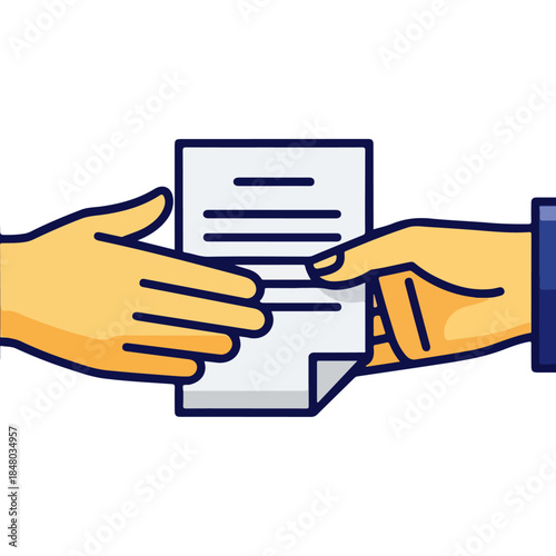 Two hands exchanging a document between people.