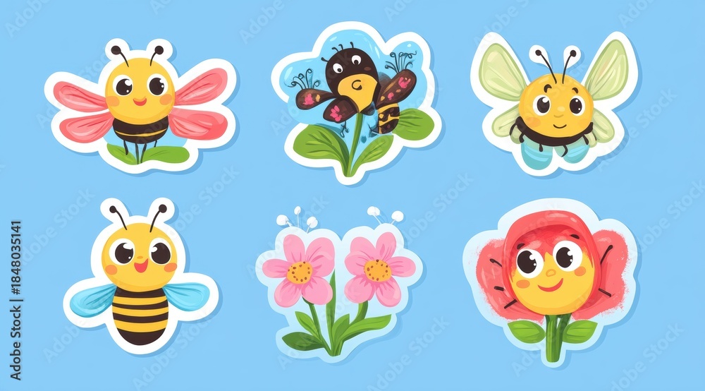 Obraz premium Cute Cartoon Insects and Flowers Clipart Set