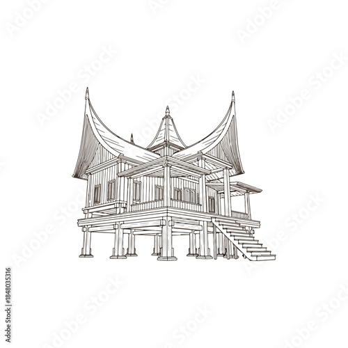 Traditional Stilt House with Curved Roof Sketch.