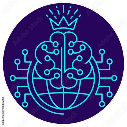 Global AI Dominance Icon. Minimalistic neon outline on a dark blue round background. A stylish vector illustration of a crowned digital brain over a globe, connected to a circuit