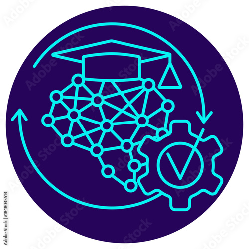 AI Model Validation Icon. Minimalistic neon outline on a dark blue round background. Vector illustration of an academic-capped neural network connected to a gear with a checkmark
