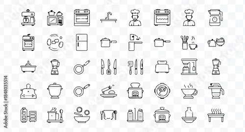 Set of 80 outline icons related to food and drink. Linear icon collection. Editable stroke. Vector illustration