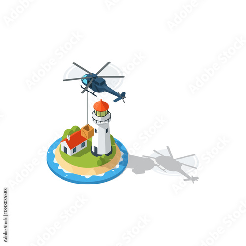 Helicopter hovering above tiny island lighthouse scene.