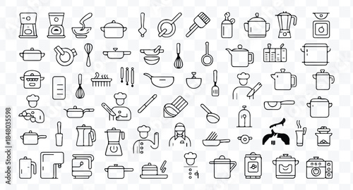 Set of 80 outline icons related to food and drink. Linear icon collection. Editable stroke. Vector illustration