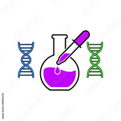 Science laboratory flask with purple liquid and DNA strands.