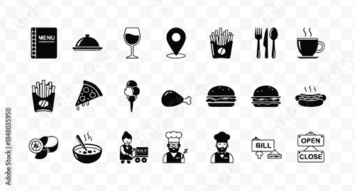 Set of 80 outline icons related to food and drink. Linear icon collection. Editable stroke. Vector illustration