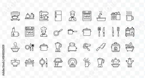 Set of 80 outline icons related to food and drink. Linear icon collection. Editable stroke. Vector illustration