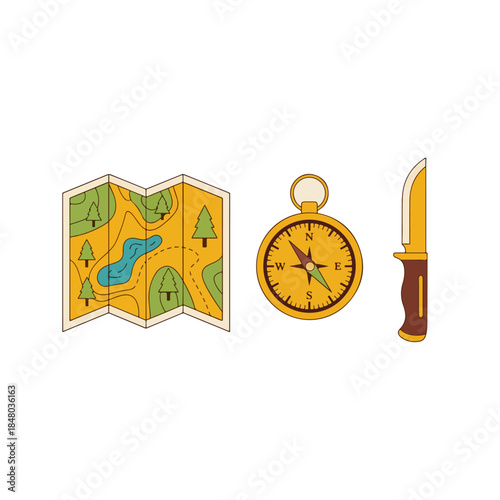 Outdoor navigation kit with map compass and knife.