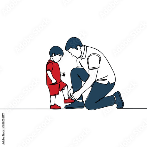 Man kneeling to tie a childs shoe.