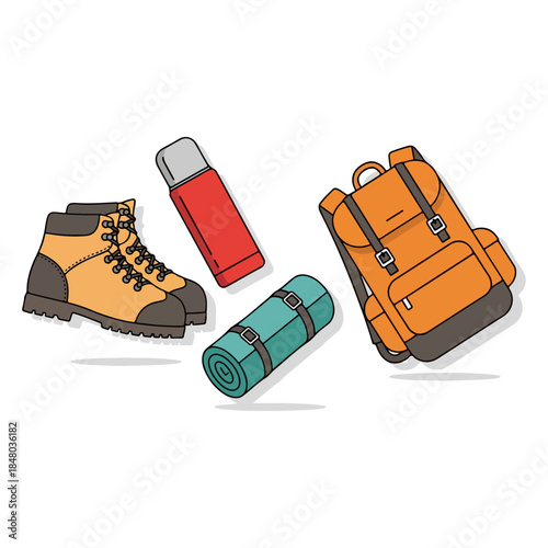 Outdoor hiking gear set with boots backpack and accessories.