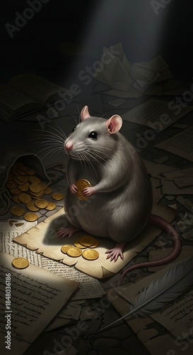 A dramatic illustration of a rat sitting in a dimly lit environment, surrounded by scattered coins, documents, and shadows.