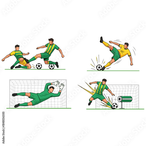 Soccer players in action depicted in four panels.
