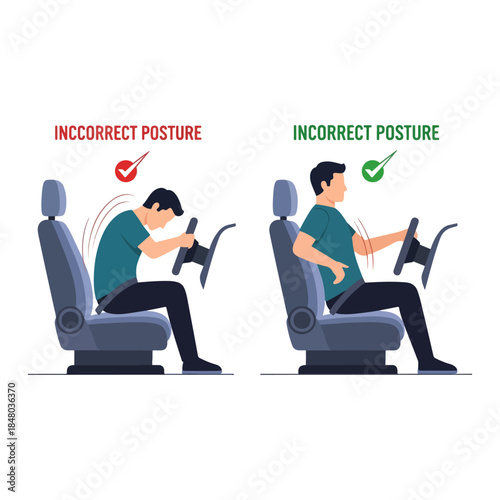Person in car seat demonstrating correct and incorrect posture comparison.