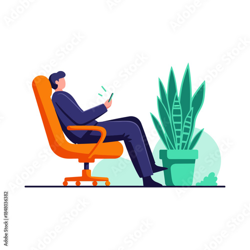 Person Relaxing in Orange Office Chair Using Phone.