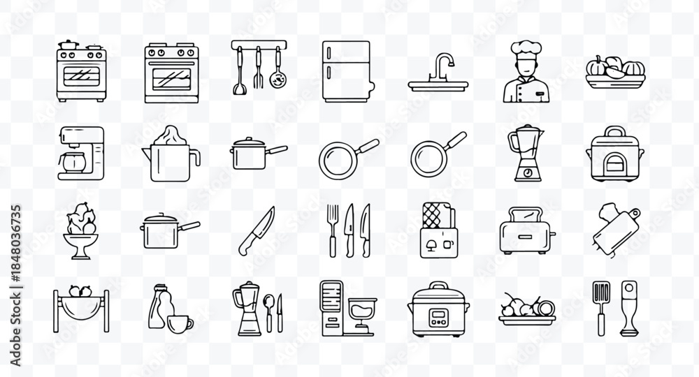Fototapeta premium Set of 80 outline icons related to food and drink. Linear icon collection. Editable stroke. Vector illustration