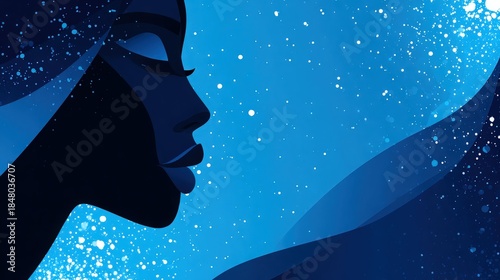 Stylized Female Profile Illustration Against Blue Starry Night Sky