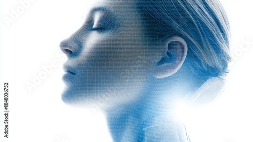 Digital Wireframe Female Head Profile on White Background