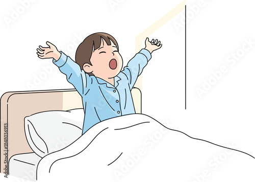 Man talking on phone while boy plays on bed with toy cartoon illustration