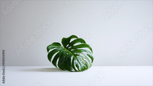 Centered Monstera Deliciosa Leaf in Minimalist White Room