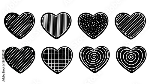 Set of 8 distinctive monochrome heart illustrations featuring various textured patterns and