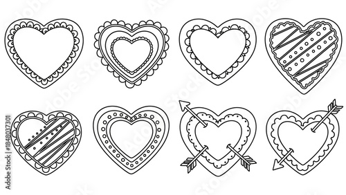 Set of eight whimsical hand-drawn heart and arrow doodles for romantic themes or crafts