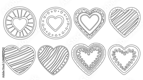 Set of hand-drawn heart outlines with decorative patterns and varied styles for romantic designs