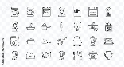 Set of 80 outline icons related to food and drink. Linear icon collection. Editable stroke. Vector illustration