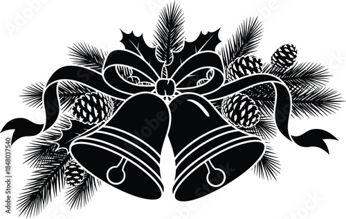 Black and white of Christmas bells and pine cones with holly leaves on a white background