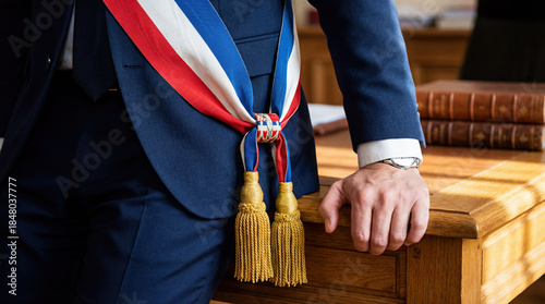 Close-up of a French mayor wearing the official tricolor sash with gold tassels standing at a desk. Elected official in a suit representing the Republic of France in a city hall office.