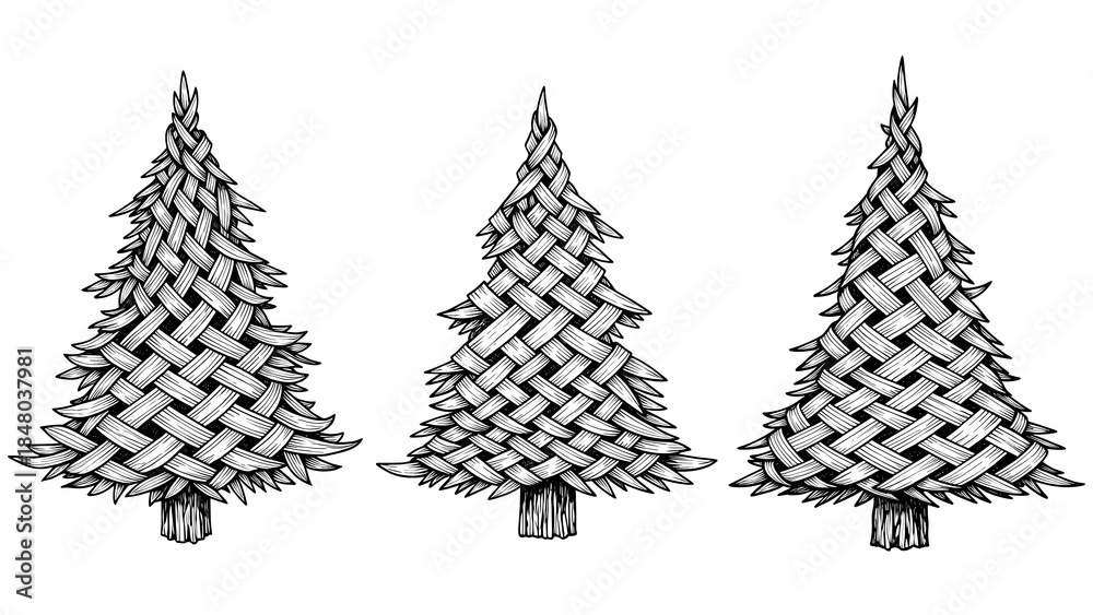 Obraz premium Three woven Christmas trees on black background