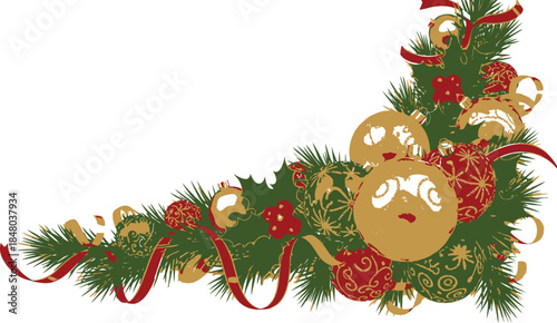 Colorful of Christmas tree branch with ornaments and a bow