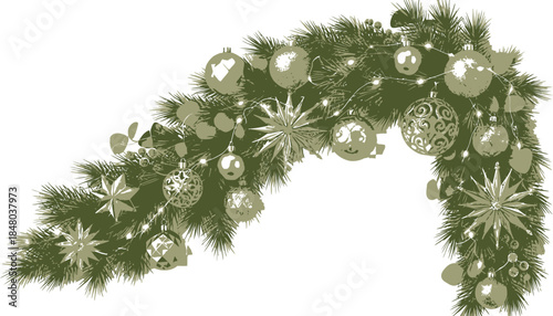 Green and white of christmas tree branch with various hanging ornaments and snowflakes