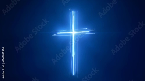 Radiant blue neon cross glowing with ethereal light trails against deep dark blue background, concept of christian faith, easter worship, spiritual inspiration, religious events