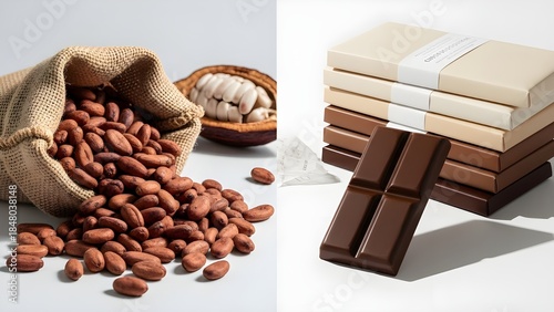 A split image showcasing raw cacao beans in a burlap sack next to artisanal chocolate bars and a cacao pod, representing the chocolate-making process.