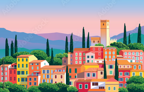 Summer cityscape with colorful traditional Mediterranean Italian buildings, roofs, spires, tower and houses. Handmade drawing vector illustration. Can be used for posters, banners, postcards.