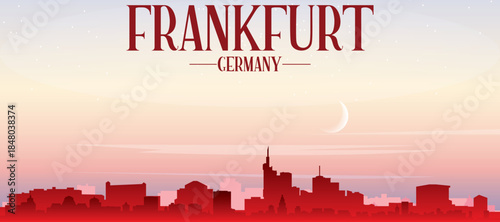Red panoramic poster of the city skyline with misty background buildings, sunrise, moon and clouds of FRANKFURT, GERMANY