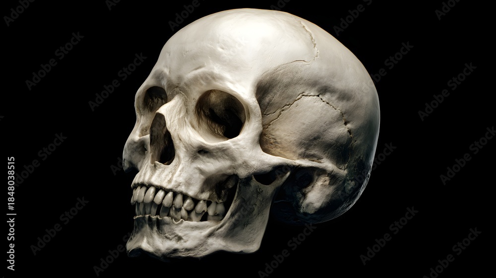 Fototapeta premium Detailed Human Skull Isolated on Black Background.