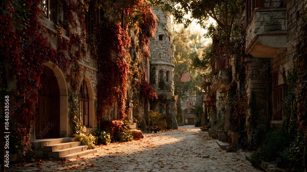 Fototapeta premium Old European Autumn Street with Golden Light, Ivy Walls.
