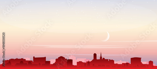 Red panoramic poster of the city skyline with misty background buildings, sunrise, moon and clouds of DUSSELDORF, GERMANY