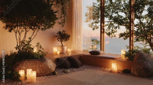 A serene indoor sanctuary with candles, plants, and a window view, evoking a sense of tranquility and peace
