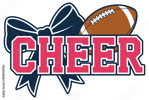 Cheer graphic with blue bow and football, vibrant cheerleading illustration with varsity-style pink “CHEER” text, large blue bow, football, school spirit, team pride, pep rally