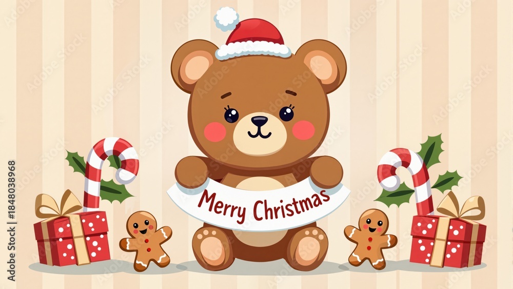 Naklejka premium Cartoon / kawaii style: `A cute Christmas teddy bear sitting inside a Christmas stocking, kawaii style, thick outlines, minimal shading, bright red and green palette, confetti, sparkles, and doodle st