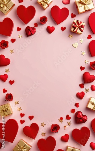 valentines day hearts gifts roses on pink background with copyspace concept of love