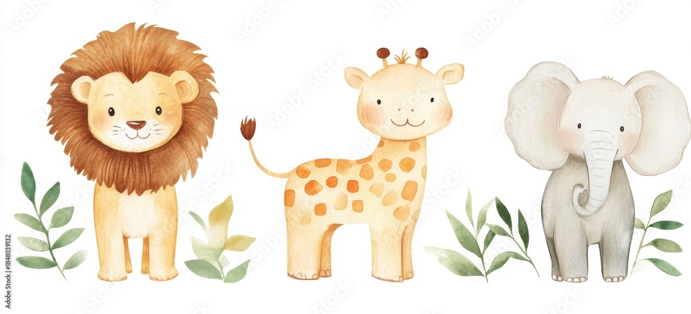 Naklejka premium Cute Jungle Animals Watercolor Illustration Set on White background